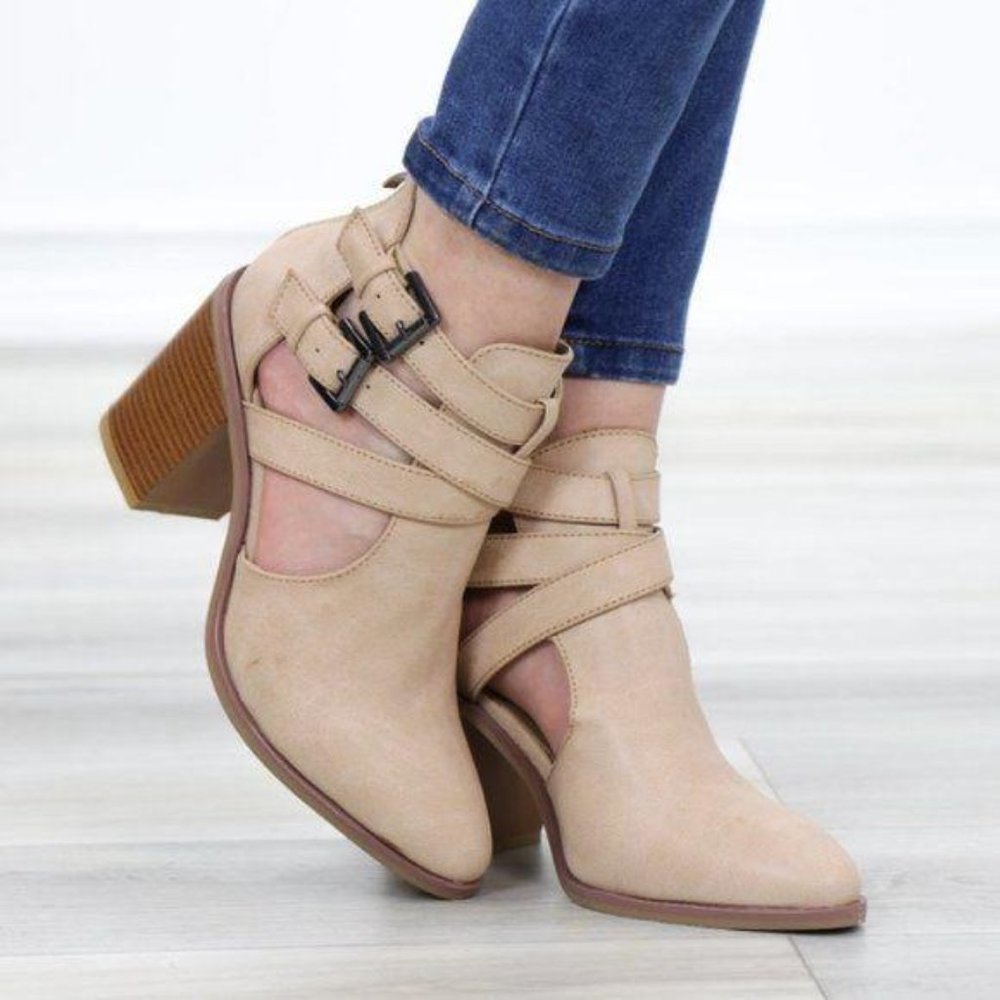 Strappy Taupe Pointy Toe Ankle Boots Faux Leather - Picture 9 of 11